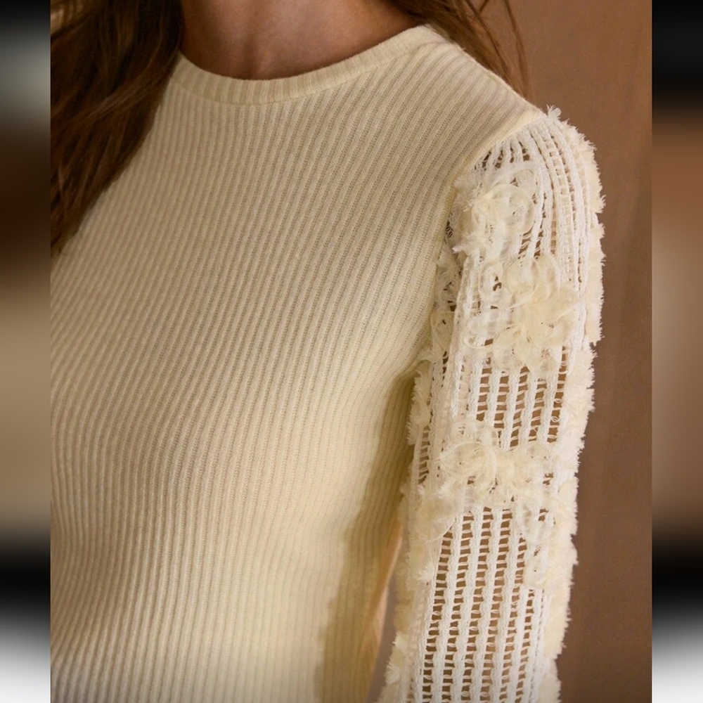 WOMEN'S AUTUMN/WINTER KNITTED APPLIQUES CREW NECK T-SHIRT - Picture 4 of 4